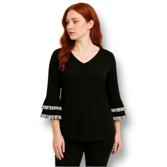 Chico’s 0 S Black V-Neck 3/4 Sleeve Top Fringe Trim Boho Grunge Festival Casual - Picture 1 of 12